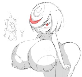 1girl angry ass blush blush_stickers breasts closed_mouth collarbone gigantic_breasts hair_over_one_eye huge_areolae looking_at_viewer multicolored_hair nipples oppai_loli plankton_(spongebob) red_eyes red_hair sage_(sonic) short_hair sketch sonic_(series) sonic_frontiers spongebob_squarepants spongebob_squarepants_(series) spot_color streaked_hair thick_thighs thighs yelladrill