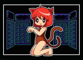 1girl amazake_(manuke_no_oukoku) animal_ears black_eyes blush brown_leotard cat_ears cat_girl cat_tail commentary_request covered_navel digital_devil_story game_screenshot_background highres kneeling leotard megami_tensei megami_tensei_(famicom) multiple_tails nekomata nekomata_(megami_tensei) open_mouth paw_pose red_hair screenshot_background smile solo tail two_tails