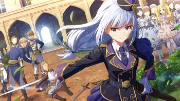 5boys 6+girls black_jacket blonde_hair blue_hair commentary_request emily_stewart faceless faceless_female faceless_male facing_viewer floating_hair game_cg gloves hat holding holding_sword holding_weapon idolmaster idolmaster_million_live! idolmaster_million_live!_theater_days jacket long_hair long_sleeves low-tied_long_hair multiple_boys multiple_girls necktie official_alternate_costume official_art on_ground opera_seria_kiramekiza shiraishi_tsumugi sideways_glance sitting standing sword third-party_source twintails weapon white_gloves