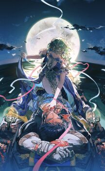 1boy 1girl bdsm black_tunic blue_dress bondage bound breasts brown_hair claude_von_riegan claude_von_riegan_(almyra's_king)_(resplendent) claude_von_riegan_(timeskip) cleavage cloud cloudy_sky dark-skinned_male dark_skin dress female_byleth_(awakened)_(fire_emblem) female_byleth_(fire_emblem) female_byleth_(sothis_regalia)_(fire_emblem) fire_emblem fire_emblem:_three_houses full_moon girl_on_top green_hair hand_on_another's_chest hetero highres moon nintendo ocean official_alternate_costume official_alternate_hairstyle pectoral_cleavage pectorals sky tunic zhihaiwusheng