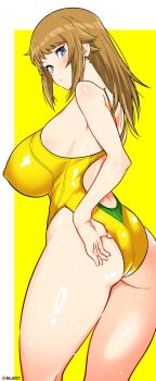 1girl absurdres adjusting_clothes adjusting_swimsuit aiuti ass blue_eyes border breasts brown_hair competition_swimsuit covered_erect_nipples from_behind gundam gundam_build_fighters gundam_build_fighters_try hair_down highleg highleg_one-piece_swimsuit highres hoshino_fumina large_breasts long_hair looking_at_viewer looking_back one-piece_swimsuit outside_border solo swimsuit two-tone_background white_border yellow_background yellow_one-piece_swimsuit