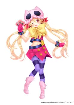 1girl blonde_hair blush boots bow copyright_notice eldora_(wixoss) gloves hair_bow long_hair official_art one_eye_closed open_mouth pantyhose pink_boots pink_gloves pink_shirt pink_skirt purple_pantyhose red_bow red_eyes sakura_moyon shirt skirt smile solo twintails wixoss