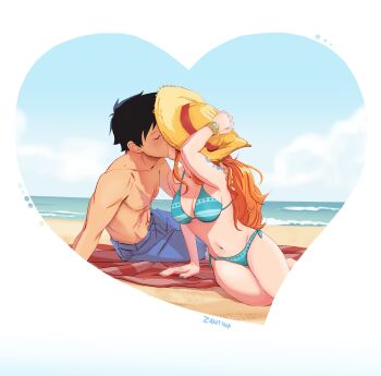 1boy 1girl 2025 absurdres adapted_costume arm_support artist_name bangle bare_shoulders beach beach_towel bikini black_hair blue_shorts blue_sky blush bracelet breasts cleavage closed_eyes cloud cloudy_sky collarbone commentary couple cross_scar facing_away feet_out_of_frame fur-trimmed_shorts fur_trim green_bikini hand_on_headwear hat heart heart_frame hetero highres jewelry kiss log_pose long_hair medium_breasts monkey_d._luffy nail_polish nami_(one_piece) nami_(one_piece)_(return_to_sabaody) navel ocean one_piece orange_hair outdoors sand scar scar_on_chest short_hair shorts shoulder_tattoo side-tie_bikini_bottom sitting sky stomach straw_hat striped_bikini striped_clothes swimsuit symbol-only_commentary tattoo topless_male towel wavy_hair yokozuwari zantinaa