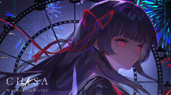 1girl aerial_fireworks black_hair character_name chinese_commentary chisa_(wuthering_waves) closed_mouth commentary_request copyright_name ferris_wheel fireworks from_side hair_ribbon highres long_hair looking_ahead moehikaru mole mole_under_eye portrait red_eyes red_petals red_ribbon ribbon solo wuthering_waves