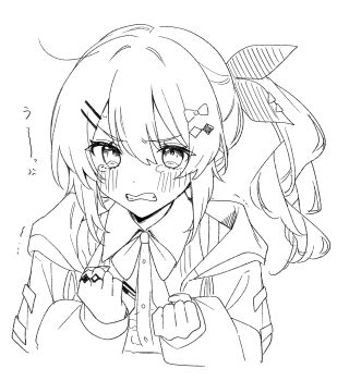1girl crying crying_with_eyes_open greyscale hair_ornament hairclip highres jewelry kashikaze kuramochi_meruto kuramochi_meruto_(1st_costume) long_hair long_sleeves looking_at_viewer monochrome multiple_rings nijisanji parallel_hairclips ring simple_background solo tears two_side_up virtual_youtuber white_background
