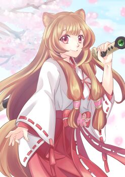 1girl absurdres animal_ear_fluff animal_ears blue_sky blunt_bangs bow brown_hair cherry_blossoms commentary_request commission cowboy_shot day double-parted_bangs eyelashes flower_ornament hair_tubes hakama hakama_skirt hand_up highres holding holding_sword holding_weapon japanese_clothes kasakasako katana kosode long_hair long_sleeves miko neck_tassel official_alternate_costume outdoors over_shoulder raccoon_ears raccoon_girl raccoon_tail raphtalia red_bow red_eyes red_hakama red_ribbon red_skirt ribbon ribbon-trimmed_sleeves ribbon_trim skeb_commission skirt sky smile solo straight_hair swept_bangs sword sword_over_shoulder tail tassel tate_no_yuusha_no_nariagari vassal_katana_(beginner's_katana)_(tate_no_yuusha_no_nariagari) vassal_katana_(tate_no_yuusha_no_nariagari) waist_bow weapon weapon_over_shoulder white_kosode wide_sleeves