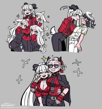 angel animal_ears arm_around_shoulder azazel_(helltaker) baphomet_(grizz) black_horns blind blush breasts cerberus_(helltaker) demon_girl demon_horns demon_tail flustered grey_background greyscale grizz group_hug halo happy hatching_(texture) helltaker highres horns hug jacket jacket_on_shoulders justice_(helltaker) leaning linear_hatching lineart long_hair metal_gloves monochrome multiple_girls original overalls pants red_shirt sharp_teeth shirt short_hair simple_background sketch smile sunglasses tail teeth traditional_halo triplets vanripper_(style) vest white_eyes white_pants