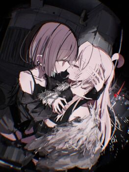 2girls 2mai84 after_kiss ahoge alternate_costume brown_eyes brown_hair coat collarbone ear_piercing fur_coat hair_between_eyes hand_on_another's_head hand_on_another's_neck highres hozuki_momiji long_hair multiple_girls night onii-chan_wa_oshimai! oyama_mahiro piercing pink_hair saliva saliva_trail short_hair single_bare_shoulder single_off_shoulder tongue tongue_out yuri