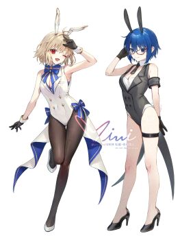 2girls animal_ears arcueid_brunestud armband bare_shoulders black_gloves black_leotard blonde_hair blue_eyes blue_hair blush breasts brown_pantyhose buttons ciel_(tsukihime) cleavage coattails commentary_request covered_navel detached_collar double-breasted fake_animal_ears fake_tail fate/grand_order fate_(series) full_body glasses gloves high_heels highleg highleg_leotard highres large_breasts leotard looking_at_viewer multiple_girls necktie one_eye_closed open_mouth pantyhose playboy_bunny rabbit_ears rabbit_tail red_eyes revision short_hair siiqa_vivi smile tail thigh_strap tsukihime tsukihime_(remake) watermark white_leotard wrist_cuffs