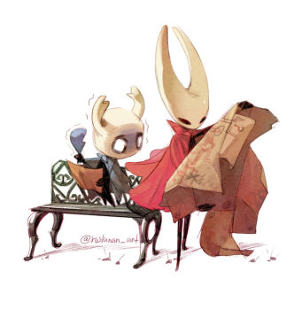 1girl 1other arm_up arthropod_girl artist_name backlighting black_eyes black_skin blank_eyes cloak colored_skin furry furry_female grey_cloak holding holding_map holding_paper holding_quill hollow_knight hollow_knight:_silksong hornet_(hollow_knight) knight_(hollow_knight) map nervous no_feet on_bench paper quill reading red_cloak ruslanan signature simple_background standing sweat trembling turn_pale twitter_username white_background white_eyes writing