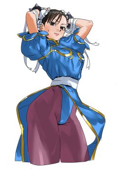 1girl arms_behind_head arms_up black_eyes blue_dress bracelet brown_hair bun_cover capcom china_dress chinese_clothes chun-li cropped_legs double_bun dress gold_trim groin hair_bun hei_taiyou highres jewelry looking_at_viewer pantyhose pelvic_curtain puffy_short_sleeves puffy_sleeves ribbon sash short_hair short_sleeves simple_background solo spiked_bracelet spikes street_fighter thighs white_background white_ribbon