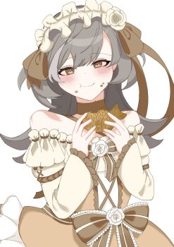 Rule 34 | 1girl, :t, assault lily, bare shoulders, blush, bow, brown bow, brown collar, brown dress, brown eyes, brown ribbon, closed mouth, collar, commentary request, criss-cross halter, cross-laced clothes, cross-laced sleeves, dress, dress bow, dress flower, eating, flower, food, food bite, food on face, frilled bow, frilled dress, frilled hairband, frilled sleeves, frills, grey hair, hair bow, hair flower, hair ornament, hair ribbon, hairband, halter dress, halterneck, hands up, heart, heart in eye, highres, holding, holding food, lolita fashion, lolita hairband, long hair, looking at viewer, multicolored hair, off-shoulder dress, off shoulder, official alternate costume, ribbon, rose, sasaki ran, simple background, smile, solo, streaked hair, striped bow, symbol in eye, taiyaki, two-tone dress, upper body, vidro (vidro 094), wagashi, white background, white dress, white flower, white hairband, white rose, wide sleeves