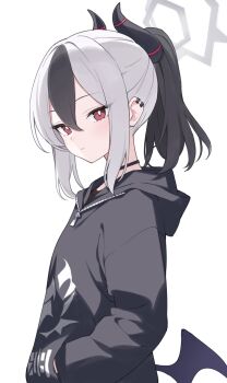 1girl absurdres black_choker black_hair black_hoodie black_horns black_shirt black_wings blue_archive blush bright_pupils chinese_commentary choker closed_mouth commentary demon_girl demon_horns demon_wings double-parted_bangs earclip expressionless eyes_visible_through_hair from_side grey_halo hair_between_eyes halo hand_in_pocket highres hood hood_down hoodie horns jyt kayoko_(blue_archive) long_sleeves looking_at_viewer low_wings making-of_available medium_hair multicolored_hair painttool_sai_(medium) ponytail print_hoodie red_eyes shirt sidelocks simple_background single_wing solo striped_horns two-tone_hair upper_body white_background white_hair white_pupils wings zipper