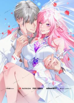 Rule 34 | 1boy, 1girl, bare shoulders, blue sky, breasts, bridal veil, caelus (honkai: star rail), cain art811, commentary request, cyrene (demiurge) (honkai: star rail), cyrene (honkai: star rail), diamond-shaped pupils, diamond (shape), dress, grey hair, hetero, highres, honkai: star rail, honkai (series), interlocked fingers, large breasts, long hair, one eye closed, paid reward available, pink hair, pointy ears, purple eyes, shirt, short hair, sky, symbol-shaped pupils, thighs, trailblazer (honkai: star rail), veil, very long hair, watermark, white dress, white shirt, yellow eyes