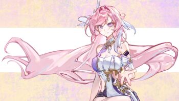 1girl bare_shoulders black_shorts breasts chinese_commentary cleavage commentary_request corset diamond-shaped_pupils diamond_(shape) elysia_(herrscher_of_human:_ego)_(honkai_impact) elysia_(honkai_impact) hair_ornament highres honkai_(series) honkai_impact_3rd large_breasts long_hair looking_at_viewer multicolored_hair pink_hair procreate_(medium) purple_eyes reaching reaching_towards_viewer seawave02974 short_shorts shorts smile solo symbol-shaped_pupils triquetra two-tone_background two-tone_hair very_long_hair white_corset white_hair