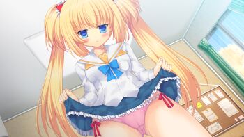 1girl asa_no_ha_(awayuki) blonde_hair blue_bow blue_bowtie blue_eyes blue_skirt blush bow bowtie breast_pocket breasts bulletin_board clothes_lift cloud collarbone corkboard curtains game_cg hair_ribbon highres ikuna_tamon kanora long_hair long_sleeves looking_at_viewer naruse_shidzuka niwaka_yuan panties pink_panties pocket red_ribbon ribbon school_uniform shirt side-tie_panties skirt skirt_lift sky small_breasts soshite_kirameku_otome_no_himitsu_5 source_request standing twintails underwear white_shirt window