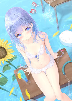 1girl angora_rabbit animal animal_ears bare_arms bare_shoulders bendy_straw bikini blue_eyes blue_hair blush breasts closed_mouth commentary_request cup desk drink drinking_glass drinking_straw fish flower frilled_bikini frills gochuumon_wa_usagi_desu_ka? goldfish hair_ornament highres horse_ears kafuu_chino kouda_suzu loli long_hair looking_at_viewer navel on_desk petals rabbit school_desk sitting small_breasts smile solo_focus sunflower swimsuit tippy_(gochiusa) very_long_hair water waterfall white_bikini x_hair_ornament yellow_flower