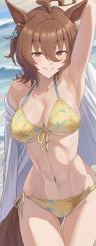 1girl absurdres agnes_tachyon_(umamusume) ahoge animal_ears arm_up armpits artist_request bare_shoulders beach bikini blush breasts brown_eyes brown_hair brown_tail cleavage closed_mouth coat coat_partially_removed collarbone dot_nose ear_ornament ear_piercing female_focus highres horse_ears horse_girl horse_tail lab_coat large_breasts legs long_image long_sleeves looking_at_viewer midriff navel piercing short_hair smile smirk solo solo_focus stomach swimsuit tail thighs top_uma_illust umamusume umamusume:_beginning_of_a_new_era water white_coat yellow_bikini