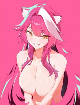 1girl absurdres animal_ears artist_name blush breast_press breasts cleavage collarbone commentary completely_nude english_commentary grin highres hololive hololive_english huge_breasts long_hair looking_to_the_side multicolored_hair navel nude panther_ears panther_girl pink_background pink_hair pink_theme raora_panthera simple_background smile solo stomach streaked_hair two-tone_hair virtual_youtuber yellow_eyes yureikaigan