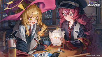 2girls betabeet black_dress black_hat black_jacket blonde_hair blue_archive blue_eyes blue_halo blush commentary_request dress fluffy_hair hair_between_eyes halo hat highres holding holding_toy ibuki_(blue_archive) iroha_(blue_archive) jacket long_hair multiple_girls necktie open_mouth peaked_cap peroro_(blue_archive) pointy_ears red_hair red_necktie red_ribbon ribbon second-party_source shirt sidelocks toy white_shirt witch_hat yellow_eyes yellow_halo