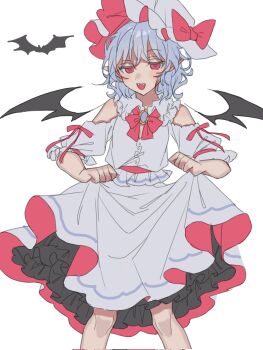 1girl amatukimahoro bare_shoulders bat_(animal) bat_wings blue_hair clothes_lift commentary_request dress dress_lift fangs frills hat highres mob_cap off-shoulder_dress off_shoulder parted_lips pointy_ears red_eyes remilia_scarlet smile solo teeth touhou upper_teeth_only vampire wavy_hair white_background white_dress wings