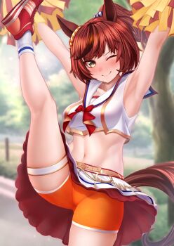 1girl alternate_costume alternate_hairstyle animal_ears armpits bike_shorts blurry blurry_background blush breasts brown_eyes brown_hair cheerleader commentary_request highres horse_ears horse_girl horse_tail hoshikuzu_kizuna_(kizuna_stardust) leg_up nice_nature_(run_&amp;_win)_(umamusume) nice_nature_(umamusume) official_alternate_costume one_eye_closed pom_pom_(cheerleading) pom_pom_(clothes) red_hair sleeveless smile solo split standing standing_on_one_leg standing_split tail umamusume