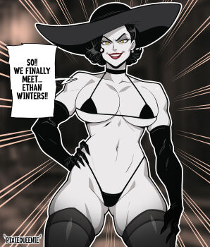 1girl alcina_dimitrescu ass bikini black_bikini black_gloves black_thighhighs breasts choker detached_sleeves elbow_gloves english_text evil_smile gloves gluteal_fold hand_on_own_hip hat highres large_breasts legs mature_female outline pale_skin pixiqueenie resident_evil resident_evil_village short_hair smile solo sun_hat swimsuit tall_female thick_thighs thighhighs thighs white_outline yellow_eyes