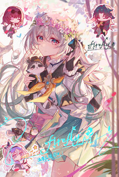 Rule 34 | 1boy, 3girls, aqua hair, aqua skirt, black bridal gauntlets, blade (honkai: star rail), bridal gauntlets, character name, chibi, chinese commentary, commentary request, cropped jacket, firefly (honkai: star rail), floating hair, flower, gradient hair, grey hair, hair between eyes, hair flower, hair ornament, hand up, heart, highres, holding, holding stuffed toy, honkai: star rail, honkai (series), kafka (honkai: star rail), long sleeves, looking at viewer, multicolored eyes, multicolored hair, multiple girls, neckerchief, open mouth, pink flower, silver wolf (honkai: star rail), single bridal gauntlet, skirt, smile, stuffed animal, stuffed raccoon, stuffed toy, yajuu