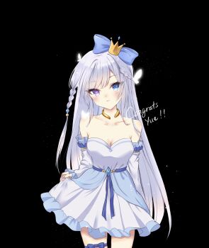 1girl bare_shoulders black_background blue_bow blue_dress blue_eyes blue_hair blush bow braid breasts bug butterfly cleavage closed_mouth collar collarbone commentary cowboy_shot crown dear_arisu dress english_commentary frilled_dress frills gold_collar hair_bow highres insect long_hair long_sleeves looking_at_viewer mini_crown original parted_bangs purple_eyes simple_background skirt_hold small_breasts smile solo strapless strapless_dress swept_bangs white_butterfly