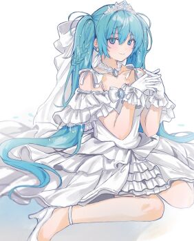 1girl aqua_eyes aqua_hair braid breasts closed_mouth collarbone dress gloves hair_between_eyes hair_ornament hatsune_miku heremia high_heels highres jewelry long_hair looking_at_viewer medium_breasts simple_background sitting smile solo twintails very_long_hair vocaloid wariza white_background white_dress white_gloves white_tiara