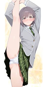 1girl absurdres bang_dream! bang_dream!_it's_mygo!!!!! blush brown_eyes brown_hair cameltoe closed_mouth collared_shirt diagonal-striped_clothes diagonal-striped_necktie flexible green_necktie green_skirt grey_jacket haneoka_school_uniform highres holding_own_leg jacket leg_hold leg_lift leg_up long_sleeves looking_at_viewer necktie panties pleated_skirt raiden_(kdsn3783) school_uniform shirt short_hair skirt solo split standing standing_on_one_leg standing_split striped_clothes takamatsu_tomori underwear white_panties white_shirt
