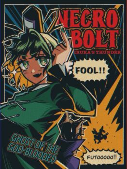 3girls arm_up backlighting breasts brown_hair cape commentary cowboy_shot dress electrocution english_commentary english_text fang film_grain frilled_sleeves frills from_behind green_dress green_eyes green_hair hat headphones highres jumping lightning looking_at_viewer medium_breasts medium_hair mememedama10 mononobe_no_futo multiple_girls pointing pointing_up pointy_hair ponytail poster_(medium) purple_cape short_hair silhouette skin_fang soga_no_tojiko sparkling_eyes speech_bubble sweat tate_eboshi touhou toyosatomimi_no_miko