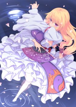 Rule 34 | 1girl, arm up, barefoot, blonde hair, blush, bow, breasts, commentary request, dress, dutch angle, falling petals, flame print, folding fan, frilled dress, frills, full body, hair between eyes, hair bow, hand fan, hari tokei, highres, holding, holding fan, large breasts, leg up, long hair, long sleeves, parted lips, petals, pink petals, purple eyes, purple tabard, purple theme, red bow, solo, standing, standing on one leg, tabard, touhou, water, white dress, white petals, wide sleeves, yakumo yukari, yin yang, yin yang print