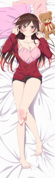 1girl absurdres anime_coloring blush breasts brown_eyes brown_hair dakimakura_(medium) highres hirayama_kanna kanojo_okarishimasu long_hair looking_at_viewer lying medium_breasts mizuhara_chizuru official_art on_back on_bed pillow shorts simple_background stuffed_animal stuffed_toy teddy_bear very_long_hair