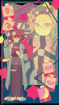 Rule 34 | 2boys, absurdres, ahoge, alternate costume, aotsuki eito, armband, black armband, black pants, blue eyes, bright pupils, chinese commentary, clipboard, coat, coke-bottle glasses, commentary request, doctor, glasses, grey hair, grey shirt, highres, holding, holding clipboard, holding removed eyewear, looking at viewer, male focus, multicolored hair, multiple boys, necktie, pants, photo (object), purple eyes, red hair, red necktie, red pupils, ringed eyes, shirt, shoes, short hair, smile, straitjacket, streaked hair, sumino takumi, sweat, the hundred line -last defense academy-, unworn eyewear, white coat, white pupils, white shoes, zheidaxuewoshifeishangbukema