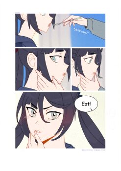 1girl absurdres alternate_costume alternate_universe aqua_eyes arrow_(symbol) artist_name asymmetrical_bangs black_hair black_hood black_hoodie blunt_bangs casual clenched_teeth contemporary curtains english_text feeding fingernails food food_on_face fork genshin_impact genshinribu grey_sleeves hair_between_eyes hand_on_another's_face hetero highres holding holding_fork hood hood_down hoodie indoors left-to-right_manga light_blush light_frown long_hair long_sleeves looking_at_hand looking_at_viewer mona_(genshin_impact) open_mouth parted_bangs scaramouche_(genshin_impact) sidelocks speech_bubble teeth thumb_to_mouth turning_head twintails