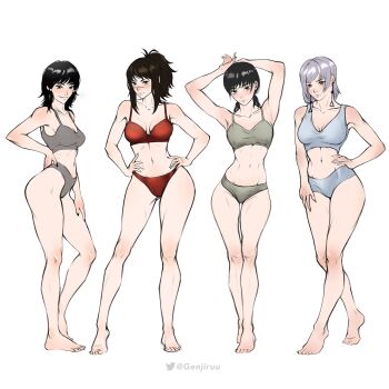 4girls armpits ass black_hair bra breasts chainsaw_man collarbone earrings fami_(chainsaw_man) full_body genjiruu highres jewelry medium_breasts mitaka_asa multiple_girls navel panties red_bra red_panties scar sidelocks simple_background standing thick_thighs thighs underwear white_background white_hair wispy_bangs yoru_(chainsaw_man)