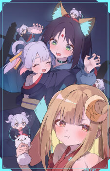 Rule 34 | 6+girls, :t, absurdres, animal ears, bare shoulders, black choker, blonde hair, blush, chibi yachiyo, cho kaguya-hime!, choker, clone, closed eyes, commentary request, double bun, fox ears, fushi (cho kaguya-hime!), green eyes, hair bun, hair ornament, hair rings, hair stick, highres, hug, jealous, kaguya (cho kaguya-hime!), long hair, long sleeves, mini person, minigirl, multiple girls, on head, open mouth, pout, red eyes, rezin531, runami yachiyo, sakayori iroha, smile, squeezing, twintails, x x, yuri