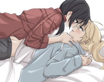 2girls black_eyes black_hair blonde_hair blue_eyes blue_hoodie blush chito_(shoujo_shuumatsu_ryokou) commentary drawstring eye_contact hood hoodie long_hair looking_at_another midriff multiple_girls parted_lips red_shirt shirt shoujo_shuumatsu_ryokou simple_background smile syonosuke9573 twintails white_background white_shirt yuri yuuri_(shoujo_shuumatsu_ryokou)