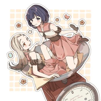 2girls alternate_size arm_scrunchie arm_support blonde_hair blunt_bangs blush boots breasts brown_background brown_boots brown_corset brown_ribbon brown_scrunchie checkered_background closed_mouth colored_eyelashes commentary_request corset earrings flipped_hair flower food from_side full_body gakuen_idolmaster gradient_hair grey_eyes grey_hair hair_flower hair_ornament hairclip hataya_misuzu highres holding_hands idolmaster jewelry knee_up kneehighs kneeling long_hair looking_at_viewer looking_back medium_hair mini_person minigirl mole mole_under_mouth multicolored_hair multiple_girls neck_ribbon open_mouth orange_eyes outline parted_bangs pink_flower pink_sailor_collar pink_skirt purple_hair ribbon sailor_collar scrunchie shinosawa_hiro shirt sitting skirt skirt_hold sks_(s3_rosquilla) sleeveless sleeveless_shirt small_breasts smile socks stud_earrings two-tone_background weighing_scale white_background white_outline white_shirt white_socks yuri