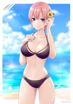 1girl artist_name beach bikini black_bikini blue_eyes blush breasts character_name cleavage closed_mouth collarbone commentary_request day flower go-toubun_no_hanayome hair_flower hair_ornament hand_on_own_chest hands_up highres horizon large_breasts lens_flare looking_at_viewer nakano_ichika navel ocean official_alternate_costume outdoors pink_hair shi-2 short_hair sky solo swimsuit twitter_username water