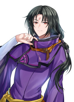 1boy absurdres bishounen black_hair capelet closed_mouth commentary_request facial_mark fire_emblem fire_emblem:_path_of_radiance fire_emblem_heroes forehead_mark highres long_hair male_focus nintendo official_alternate_costume red_eyes simple_background solo soren_(fire_emblem) soren_(isolated_strategist)_(fire_emblem) togo2828 variant_set white_background