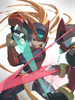 Rule 34 | 2boys, absurdres, armor, battle, black gloves, black helmet, blonde hair, blue gemstone, boots, clash, clone, commentary request, cropped vest, duel, energy sword, forehead jewel, gem, gloves, green gemstone, helmet, highres, holding, holding sword, holding weapon, long hair, male focus, mega man (series), mega man zero (series), mega man zero 3, multiple boys, omega (mega man), omochi (mochi skymega), parted lips, ponytail, red armor, red boots, red helmet, red vest, sword, sword clash, two-handed, very long hair, vest, weapon, white background, zero(z) (mega man), zero (mega man)