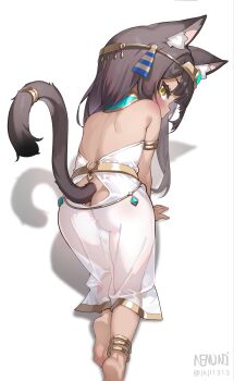 1girl absurdres all_fours ancient_egyptian animal_ear_fluff animal_ears anklet ass barefoot blush brown_eyes brown_hair cat_ears cat_girl cat_tail circlet dress feet from_behind gem highres jewelry loli long_hair looking_back n3moni no_panties original see-through_clothes see-through_dress soles solo tail thighs toes white_dress