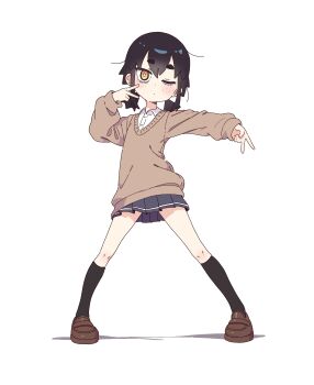 Rule 34 | 1girl, absurdres, bags under eyes, black hair, black socks, blue skirt, brown cardigan, brown eyes, brown shoes, cardigan, closed mouth, dot mouth, double v, flat chest, freckles, full body, highres, legs apart, leims (urje8584), light blush, loafers, looking at viewer, medium hair, one eye closed, original, school uniform, shadow, shirt, shoes, short eyebrows, simple background, skirt, socks, solo, v, white background, white shirt