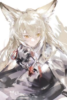 Rule 34 | 1girl, absurdres, animal ear fluff, animal ears, arknights, black jacket, blonde hair, charm (object), chinese commentary, closed mouth, commentary request, fox ears, fox girl, gloves, hair between eyes, highres, jacket, long hair, long sleeves, necktie, omamori, red necktie, scar, scar on face, simple background, smile, solo, tropicalnight29, upper body, vulpisfoglia (arknights), white background, yellow eyes