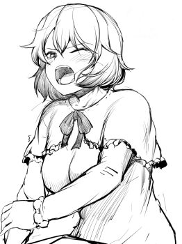 Rule 34 | 1girl, blush, bow, bowtie, breasts, commentary request, greyscale, kazami yuuka, large breasts, long sleeves, looking at viewer, monochrome, nightgown, one eye closed, open mouth, sadahiro (chicken nugget gyuuniku aji), short hair, simple background, sketch, solo, touhou, upper body, yawning