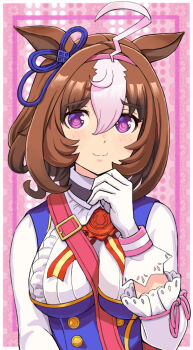 1girl 8qhachiq ahoge animal_ears between_breasts blue_dress blush bow breasts brown_hair closed_mouth double-parted_bangs dress ear_ribbon gloves hair_between_eyes hairband headband horse_ears horse_girl large_breasts long_sleeves looking_at_viewer medium_hair meisho_doto_(turbulent_blue)_(umamusume) meisho_doto_(umamusume) multicolored_hair pink_hairband pink_headband purple_eyes smile solo strap_between_breasts two-tone_hair umamusume upper_body white_dress white_gloves white_hair