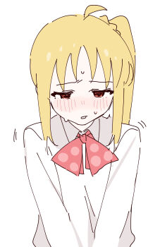 1girl absurdres ahoge blanchat blonde_hair blush bocchi_the_rock! bow bowtie collared_shirt commentary embarrassed furrowed_brow half-closed_eyes highres ijichi_nijika long_sleeves meme motion_lines nervous_sweating nose_blush parted_lips polka_dot_bow polka_dot_bowtie red_bow red_bowtie red_eyes shirt side_ponytail sidelocks simple_background solo squirming sweat symbol-only_commentary upper_body v_arms white_background white_shirt who_is_nijika?_(meme)