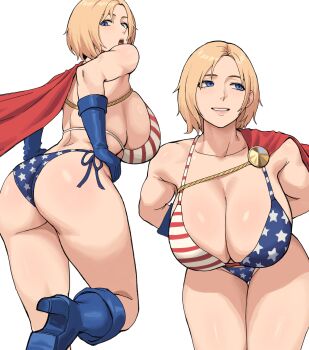 1girl absurdres american_flag american_flag_bikini american_flag_print arms_behind_back bikini blonde_hair blue_eyes blue_gloves boots breasts cape commentary dc_comics english_commentary flag_print flag_print_bikini gloves hands_on_own_hips high_heel_boots high_heels highres ksksksa large_breasts leaning_forward looking_at_viewer looking_back looking_to_the_side power_girl print_bikini print_swimsuit red_cape short_hair sideboob superman_(series) swimsuit white_background